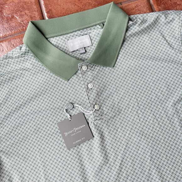 Hickey Freeman Golf Polo XL Green Geometric All Over Print Performance New $59 - Picture 2 of 8